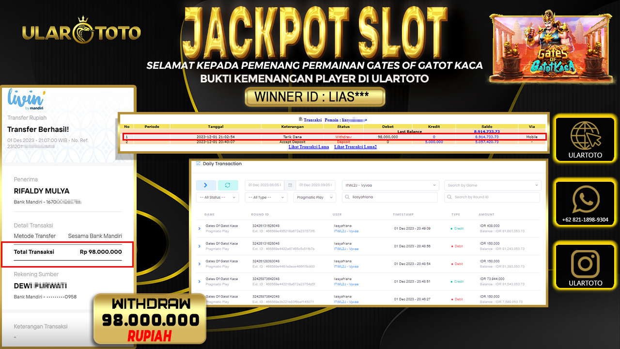 BUKTI PEMBAYARAN ULARTOTO HARI INI SLOT GAMES 2 DESEMBER 2023 Rp. 98.000.000, - LUNAS
