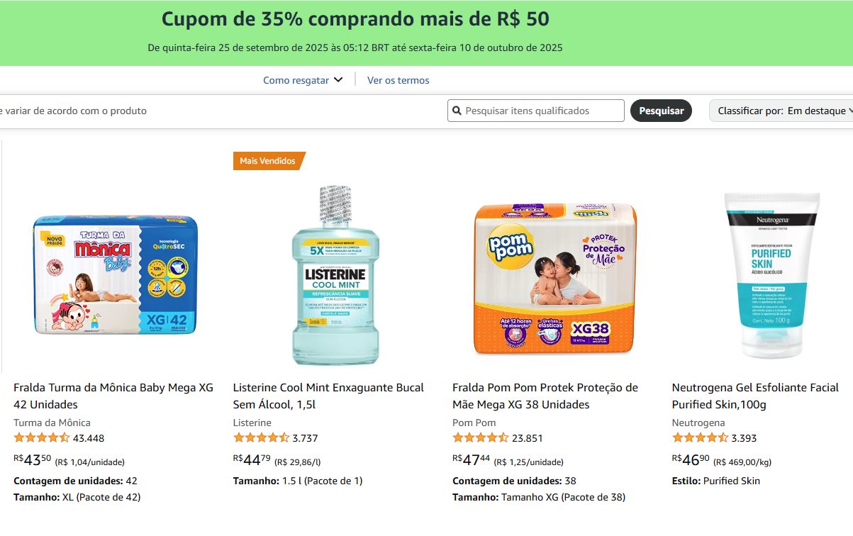 Cupom de 35% comprando mais de R$ 50 na Amazon