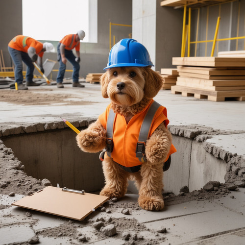 Subject Big Belly Bob BBB a plush labradoodle wearing a contractor vest and hardhat standing attenti.jpg