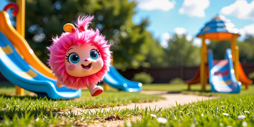 Subject A bright bouncy plush doll named Döglégy with a round rosy body huge sparkling eyes and a wi.jpg