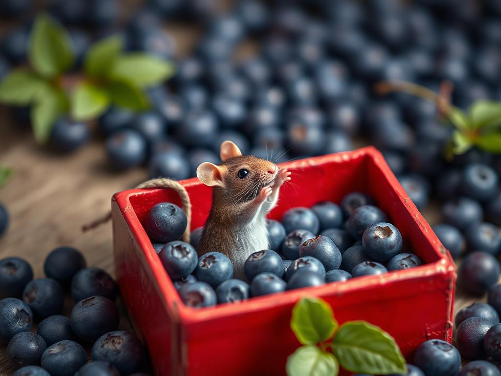 A red box of blue berries with a rat dancing inside