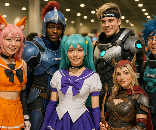je voudrais que tu me genere une images de plusieurs personnes humain portant des cosplay avec la ma.png