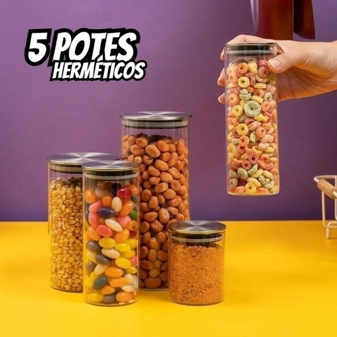 Kit 5 potes de vidro com tampa inox hermético redondo mantimento – Tud
