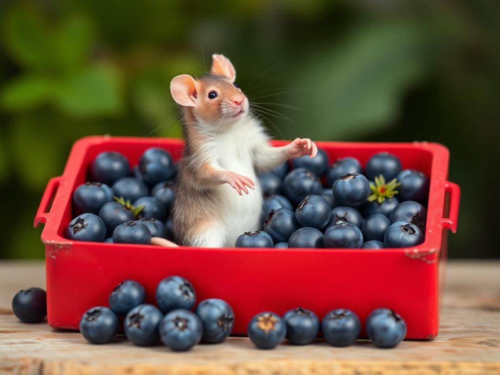 A red box of blue berries with a rat dancing inside