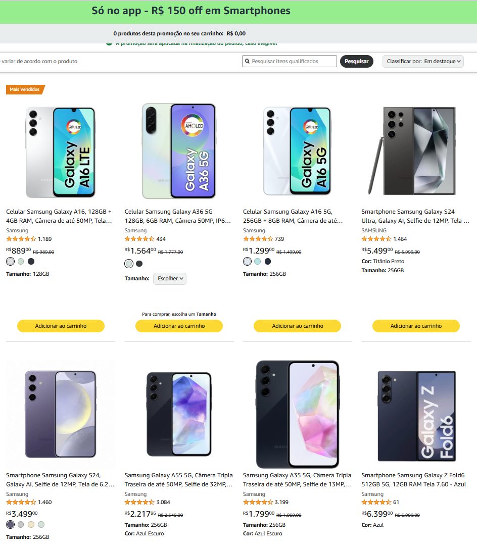 Só no app – R$ 150 off em Smartphones na Amazon