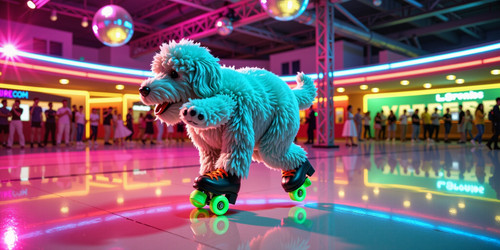 Subject Big Belly Bob a plush labradoodle with an extra huge belly wearing retro roller skates with .jpg