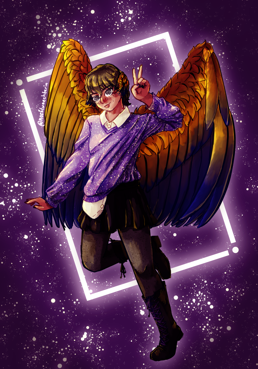 A digital drawing of Grian posing in front of a purple starry background. He's wearing a purple sweaters with stars over a white dress shirt, a black skirt, black leggings and black boots. in the background is the watcher symbol, also glowing.