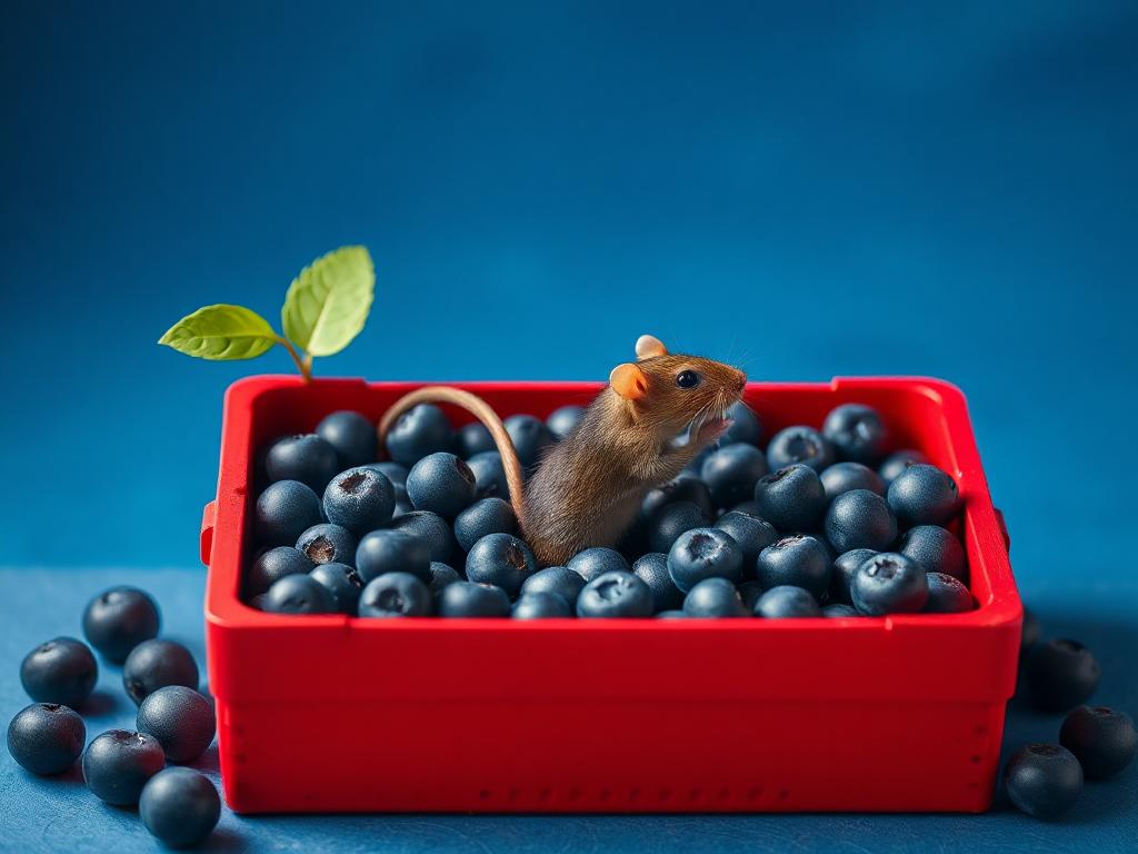 A red box of blue berries with a rat dancing inside