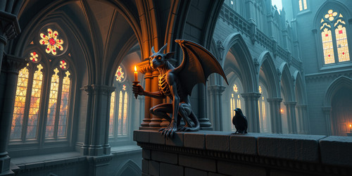 Subject A lone gargoyle perched on the stone balcony of a crumbling medieval cathedral at twilight h.jpg
