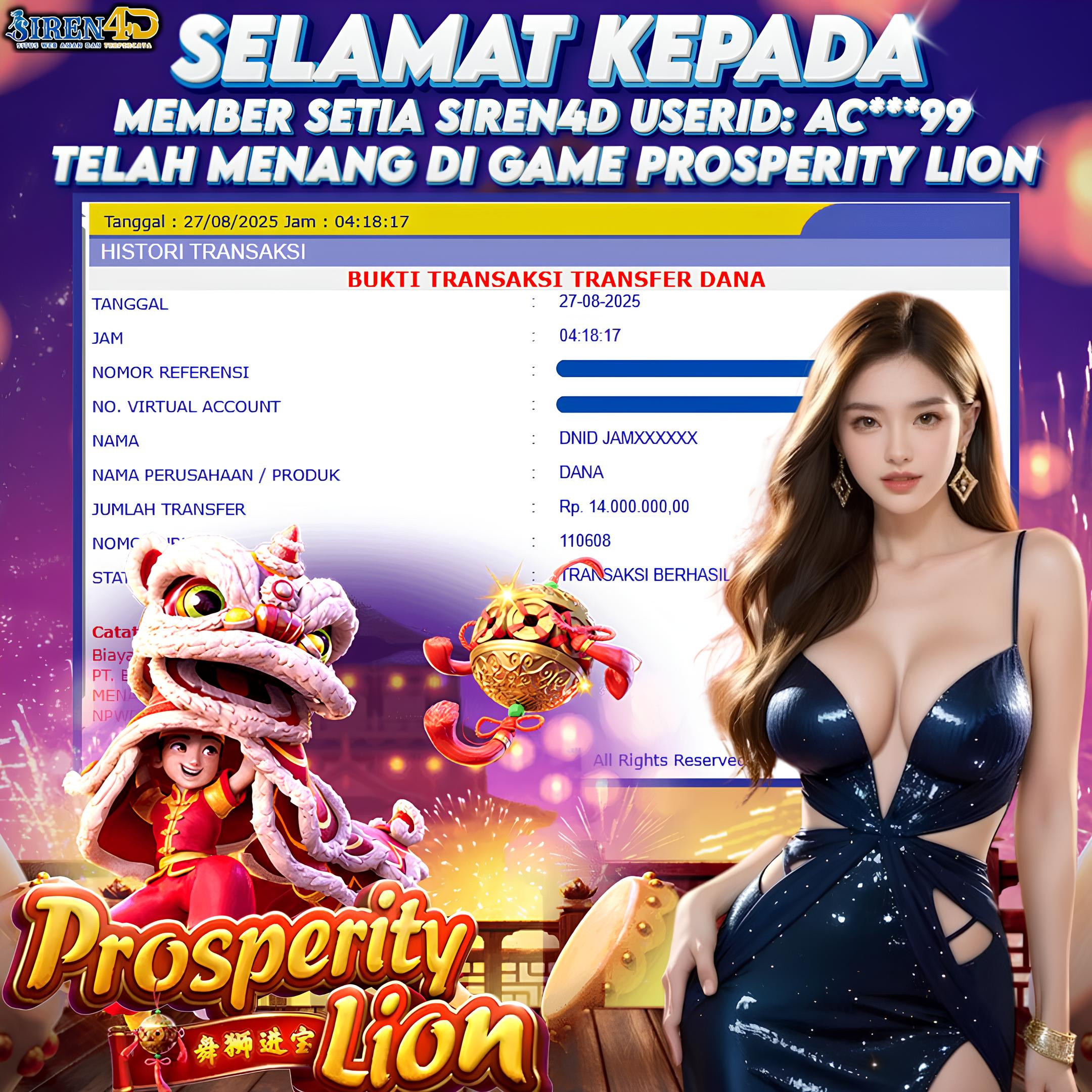 SIREN4D  - JACKPOT DI GAME PROSPERITY LION RP 14JT DIBAYAR LUNAS
