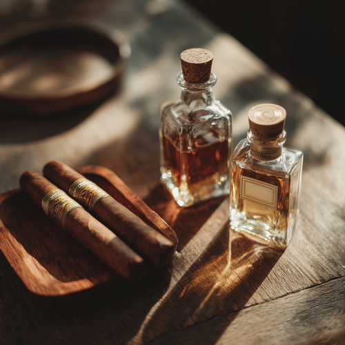 eman3139 Two premium cigars arranged alongside two miniature bo b2c3ac14 b36b 41a3 97b0 27544afdd842.png