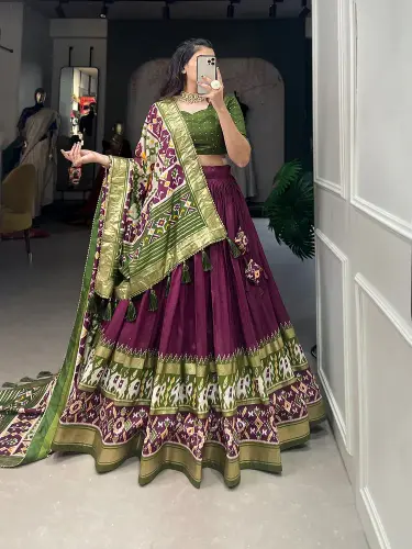 tusser silk lehenga choli dupatta set patola foil print work color green 1.webp