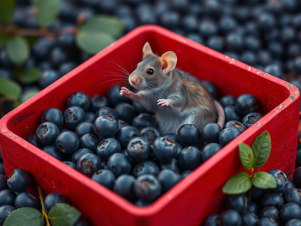A red box of blue berries with a rat dancing inside