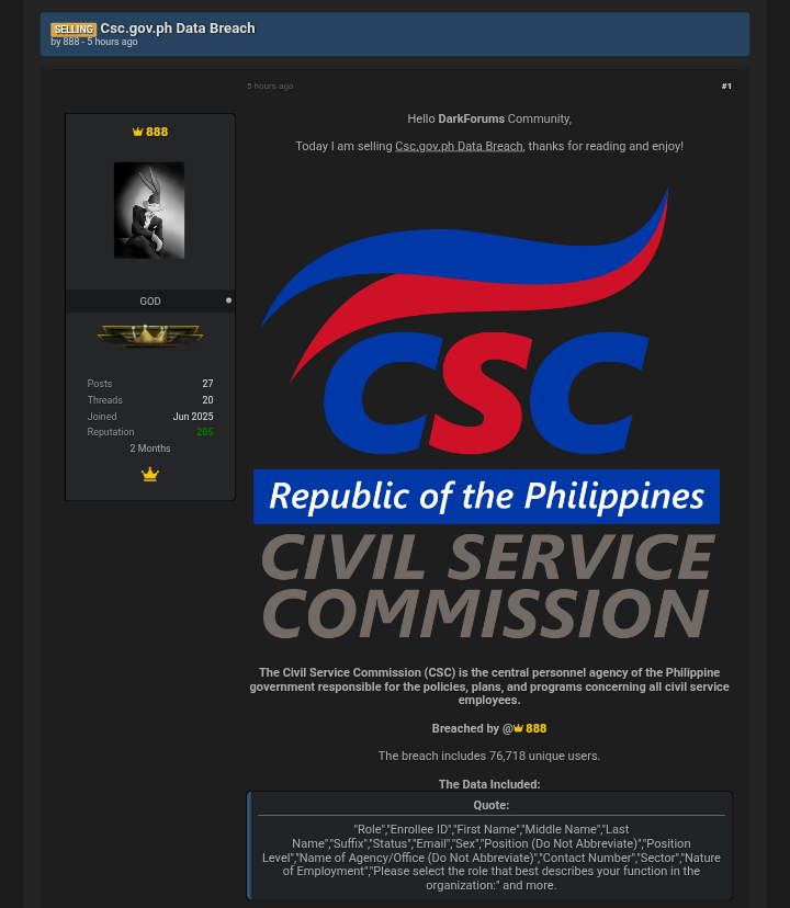 Civil Service Commission Data Breach Allegedly Sold on Dark Web