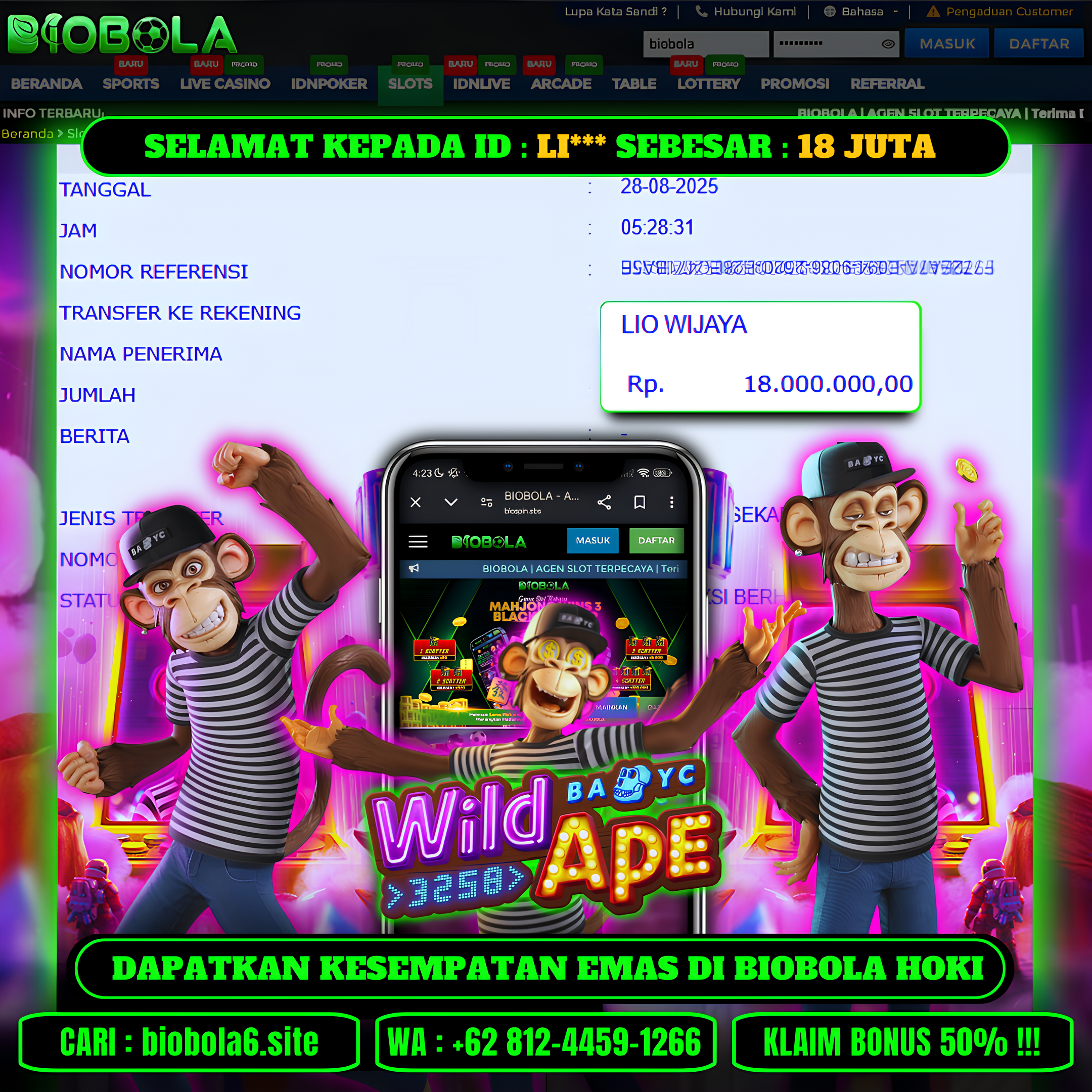 BIOBOLA  - JACKPOT DI GAME SLOT WILD APE RP 18JT DIBAYAR LUNAS