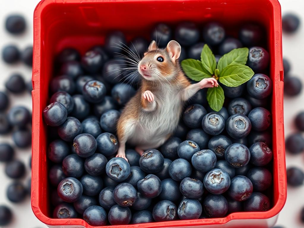 A red box of blue berries with a rat dancing inside