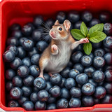 www.naked-ai.art - A red box of blue berries with a rat dancing inside