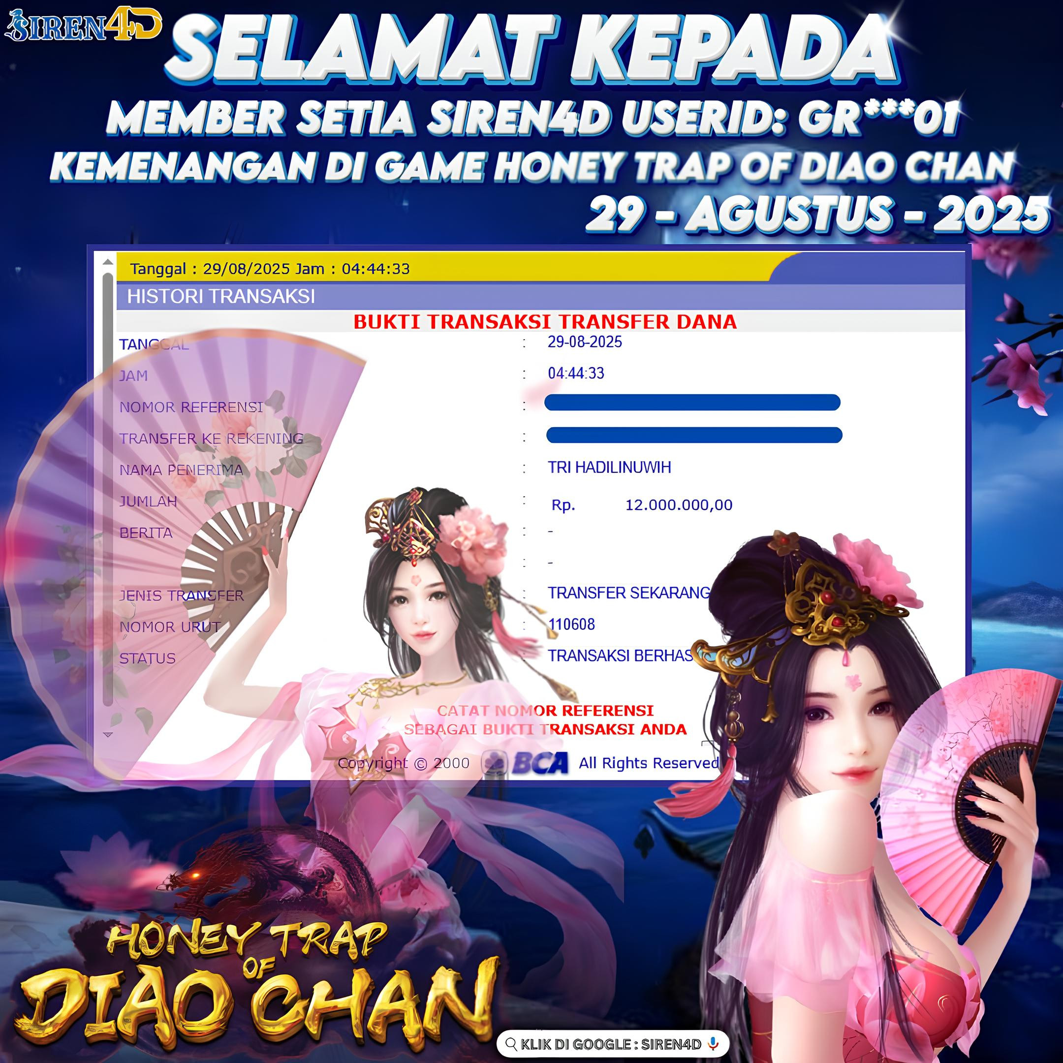 SIREN4D  - JACKPOT DI GAME HONEY TRAP OF DIAO CHAN RP 12JT DIBAYAR LUNAS
