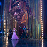 L to R: Cynthia Erivo is Elphaba, Ariana Grande is Glinda, and Jeff Goldblum is The Wizard of Oz in 