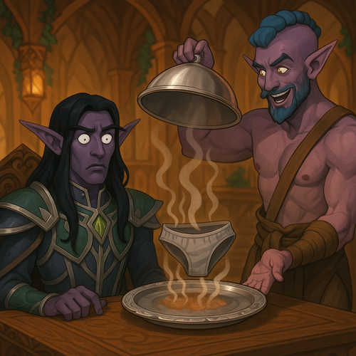 A comedic fantasy scene Einariel a night elf hunter priest with flowing black hair glowing white eye.png