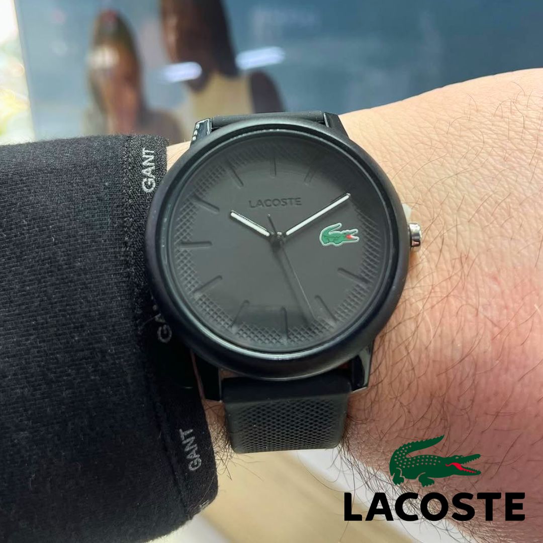 Relógio masculino Lacoste12.12, com pulseira de silicone, preto, modelo 2011171