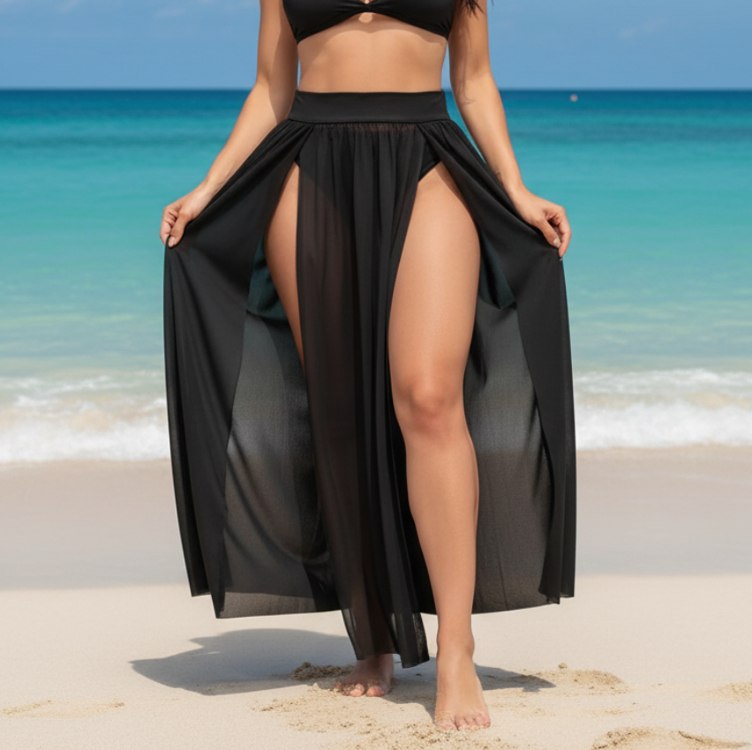 Saída De Praia Longa Fenda Acinturada Verão Saia Tule Moda