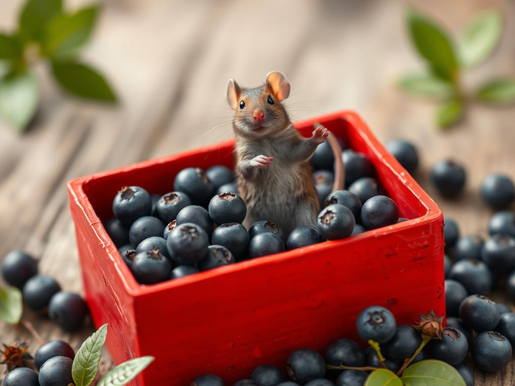 A red box of blue berries with a rat dancing inside