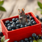 www.naked-ai.art - A red box of blue berries with a rat dancing inside