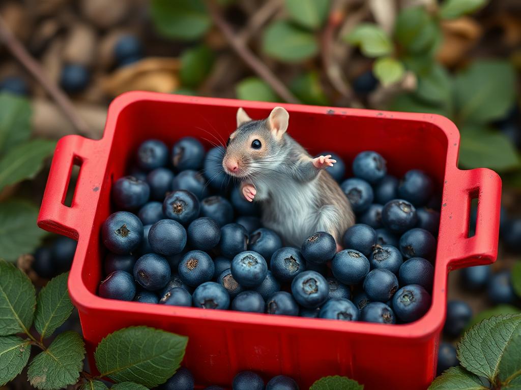 A red box of blue berries with a rat dancing inside