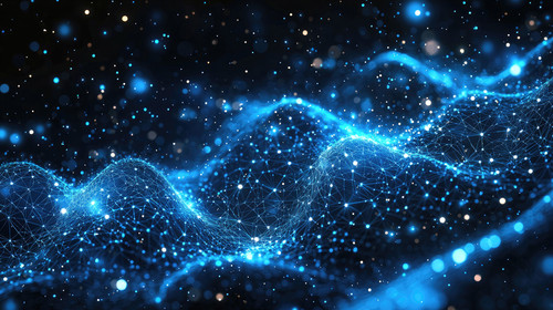 The artwork displays an intricate digital network undulating like waves against a dark backdrop. The.jpg