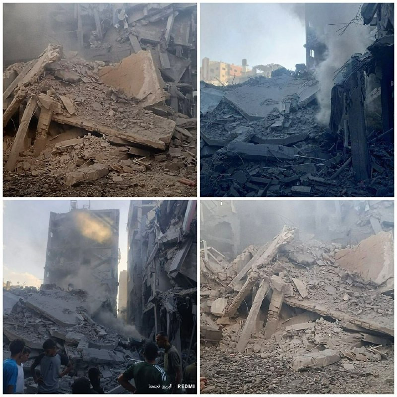 طيران الاحتلال يدمّر بالصواريخ منزلًا لعائلة عبد الهادي في مخيم البريج، وسط قطاع غزة....