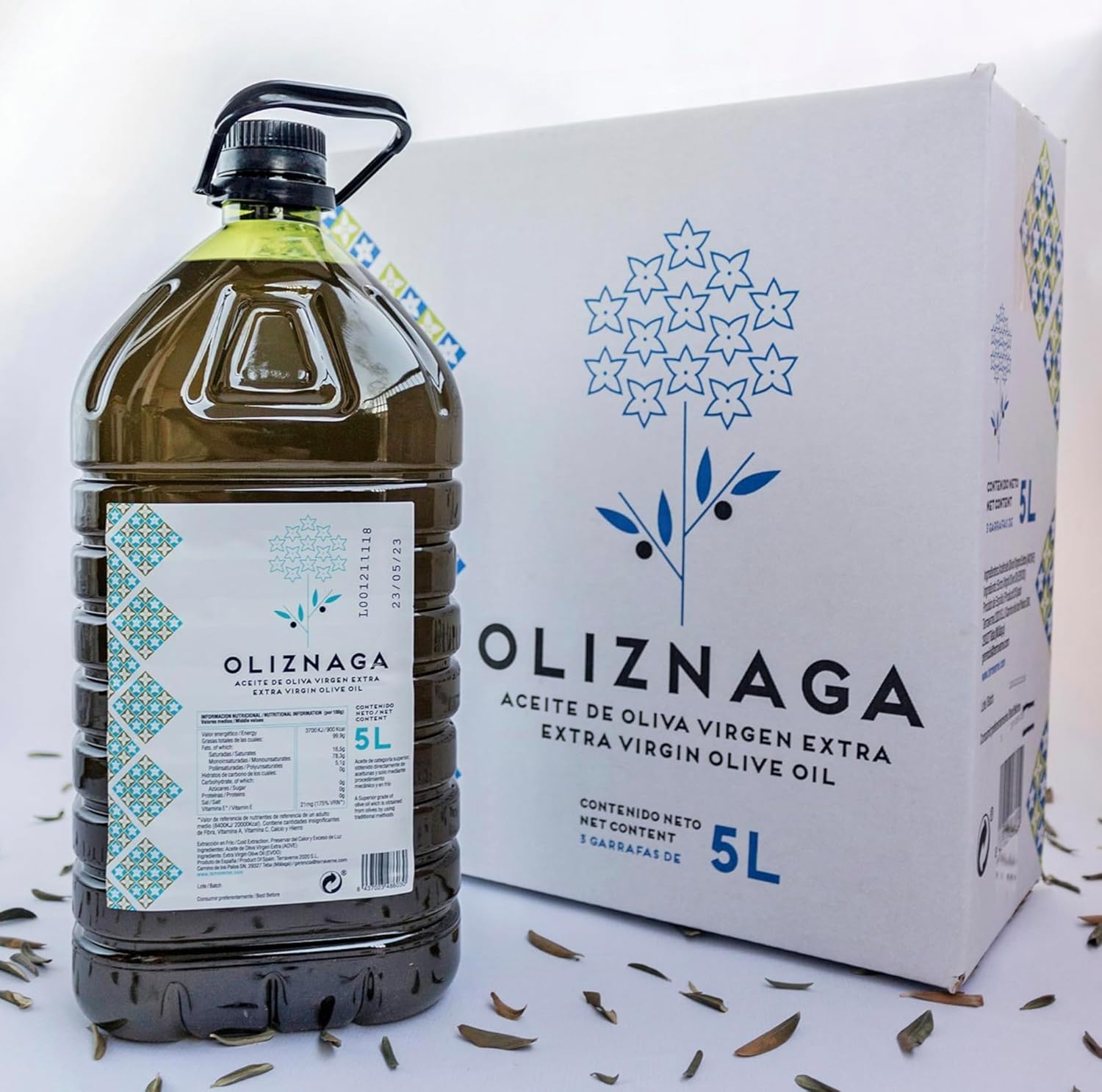 Extra vierge olijfolie 5 liter. Hojiblanca, picual, arbequina-variëteit.