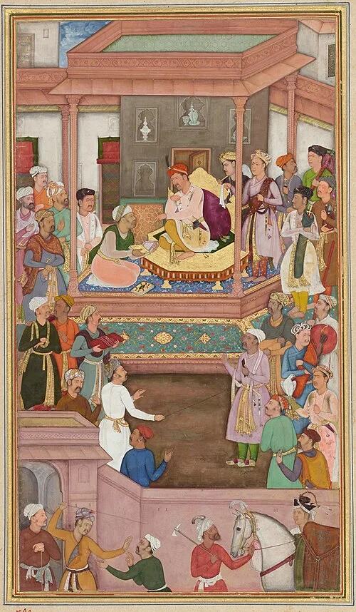 Abu'l-Fazl, a devoted follower of Din-i-Ilahi, offering the Akbarnama to Emperor Akbar A Mughal miniature portraying Abu'l-Fazl, a devoted follower of Din-i-Ilahi, offering the Akbarnama to Emperor Akbar