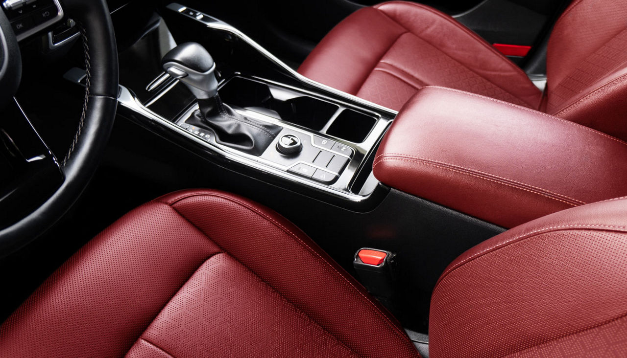 Full throttle interior — leather seats and console