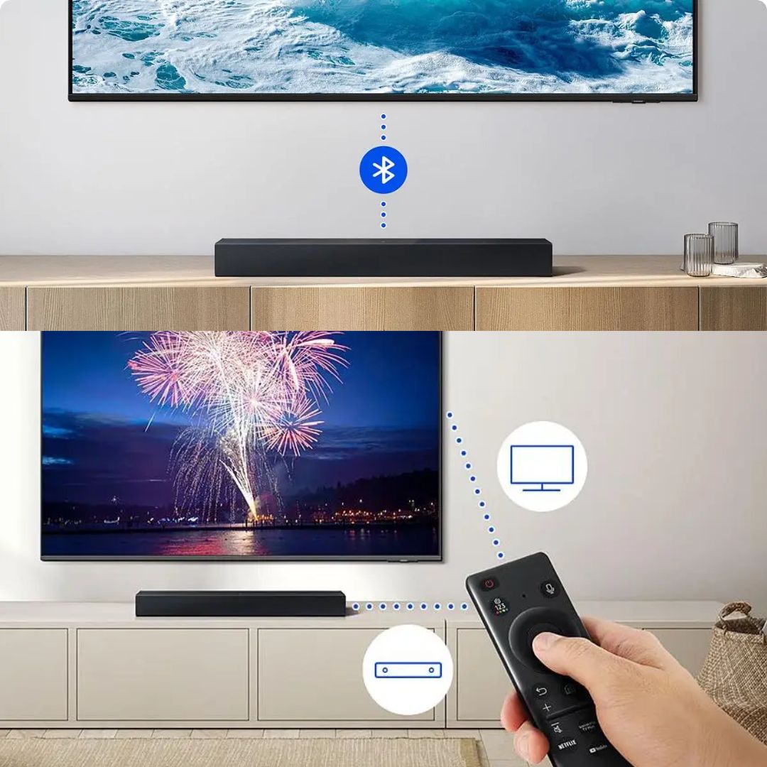 Soundbar Samsung HW-B400F, com 2.0 canais, Bluetooth, Subwoofer integrado e HDMI ARC
