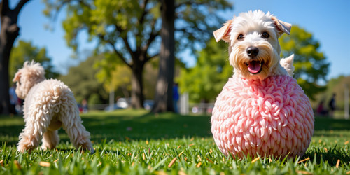 A Bedlington Terrier with an absurdly large spherical belly fluffy lamb like coat standing in a sunn.jpg