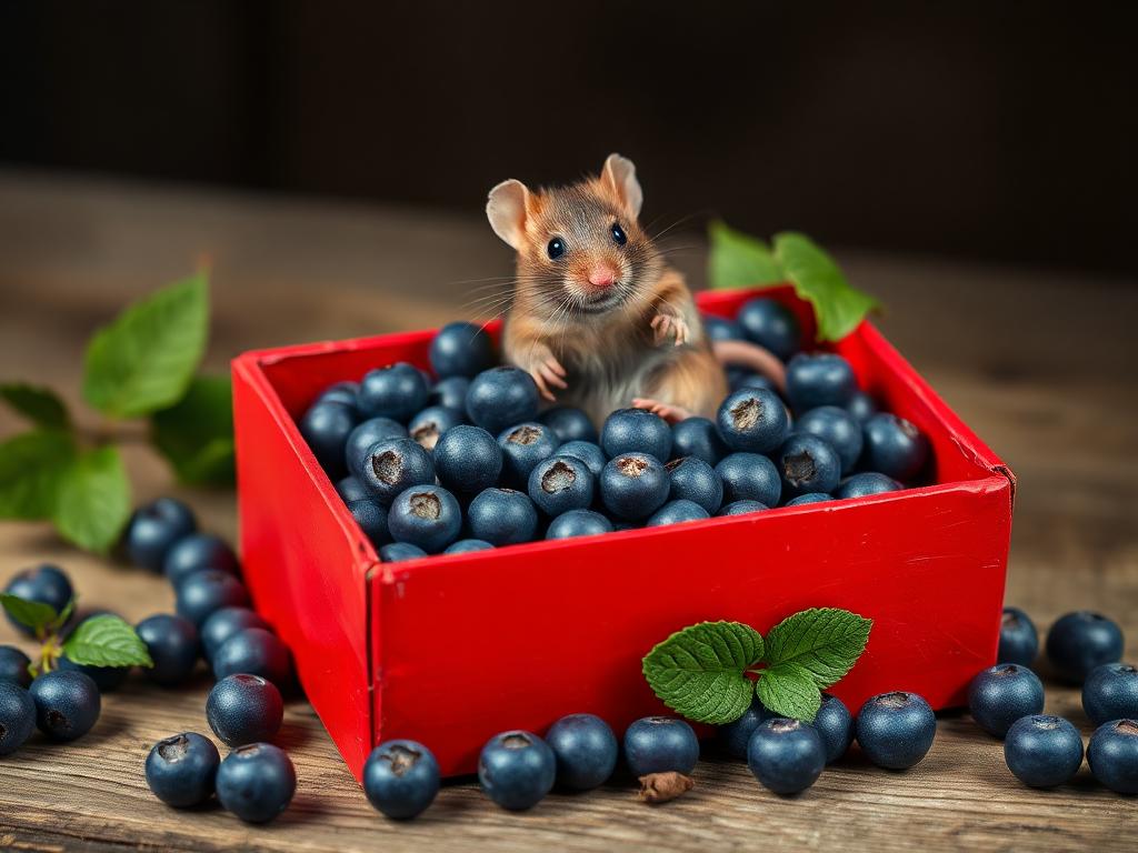 A red box of blue berries with a rat dancing inside