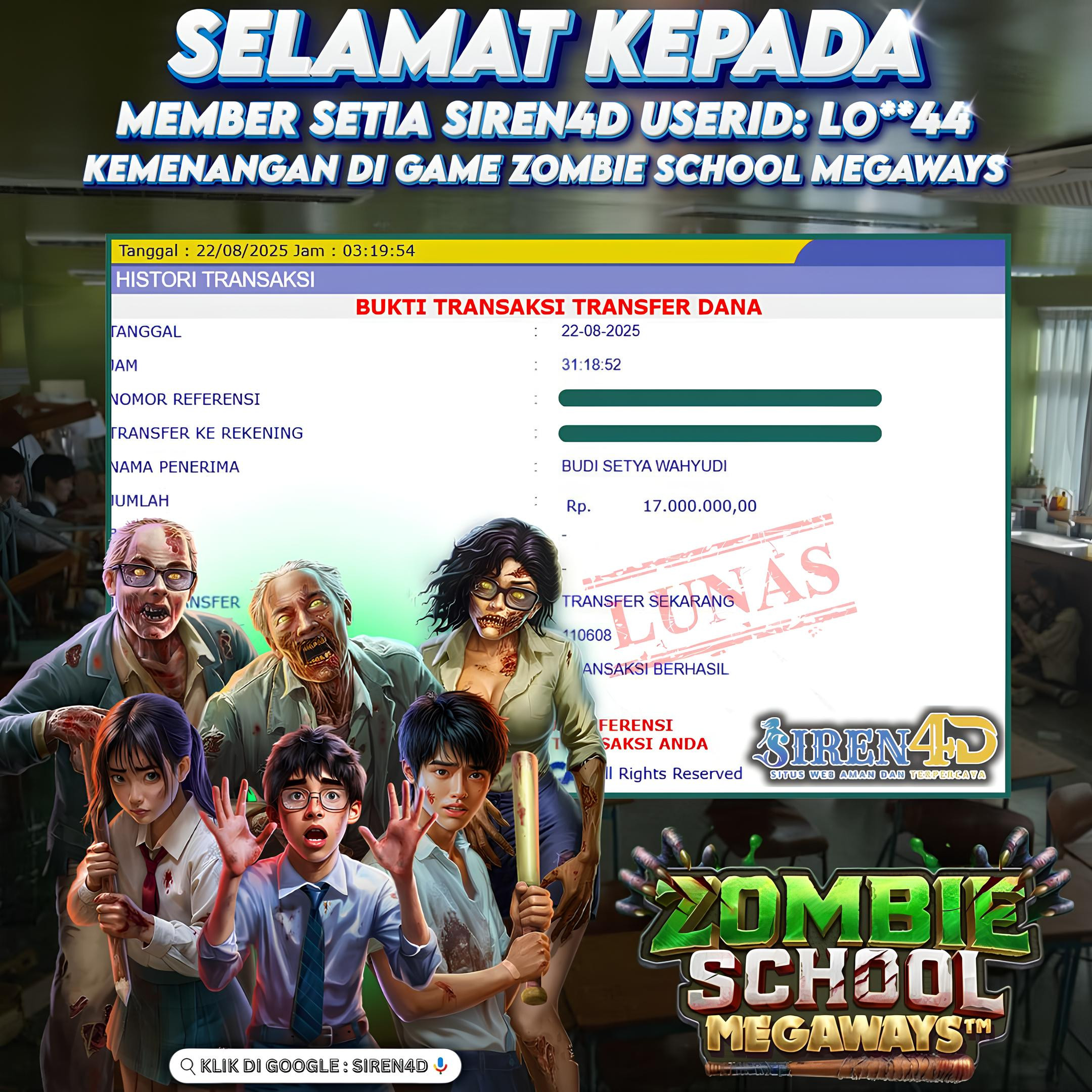 SIREN4D  - JACKPOT DI GAME ZOMBIE SCHOOL MEGAWAYS RP 17JT DIBAYAR LUNAS