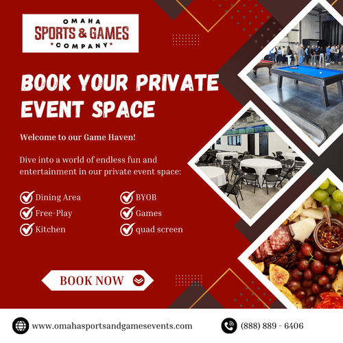 Host your next celebration at Omaha Sports & Games Company! Enjoy a private event space with dining area, kitchen, games, quad screen, and BYOB option. Perfect for birthdays, corporate events, and gatherings. Book now for endless fun and entertainment! Visit the our website: www.omahasportsandgamesevents.com