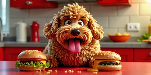 Big Belly Bob BBB a plush labradoodle sits on a bright red kitchen counter Its round belly is perfec.1