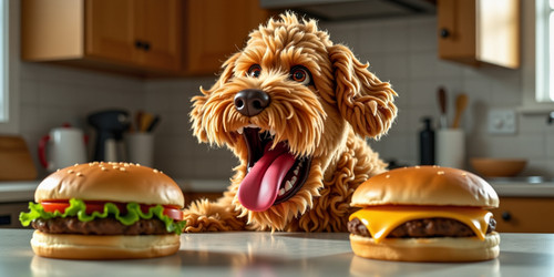 Big Belly Bob BBB a plush labradoodle is on a bright kitchen counter overlooking two cheeseburgers B.1