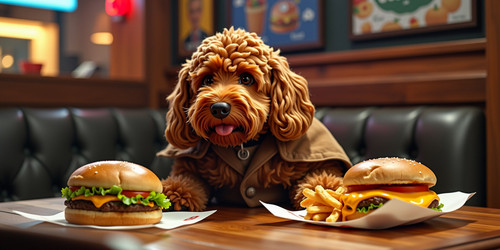 Retrofuturistic setting with a plush labradoodle Big Belly Bob BBB in the foreground BBB s large per.1