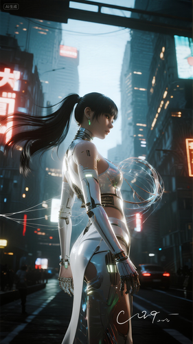 jimeng 2025 09 03 1312 中景，正面，平视，超写实，真人拍摄，女性，仿生人，黑色长发高马尾随风飘扬，透明材....png