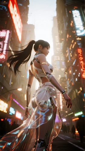 jimeng 2025 09 03 9740 中景，正面，平视，超写实，真人拍摄，女性，仿生人，黑色长发高马尾随风飘扬，透明材....png