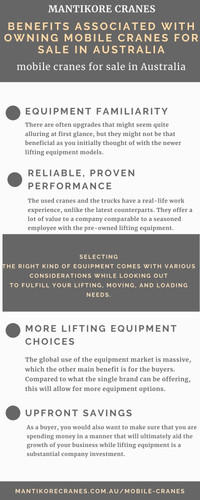 In this infographic, we discuss the BENEFITS ASSOCIATED WITH OWNING MOBILE CRANES FOR SALE IN AUSTRALIA. Get the best mobile cranes for sale in Australia. Mantikore cranes offers outstanding Mobile Crane Hire, servicing Sydney CBD and outer regions such as Blue Mountains, Central Coast, Wollongong and regional NSW. If you are looking for a prompt and professional Crane Hire Service, then simply contact us! Whether its domestic housing market or large complex construction, we have the fleet. Our variety of machines range from Mini-Crawlers, Pick & Carry (Franna type) including All-Terrain Cranes large and small.

Website: https://mantikorecranes.com.au/mobile-cranes/
