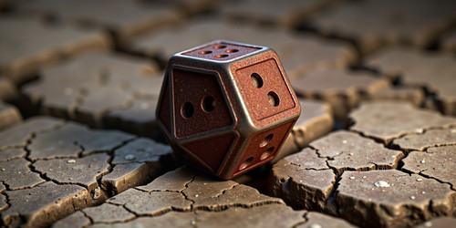 A rusty metal dice resting on a cracked stone surface intricate corrosion patterns muted earthy pale.jpg