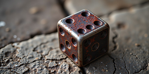 A rusty metal cube shaped dice sitting on a worn stone surface its faces corroded with intricate rus.jpg