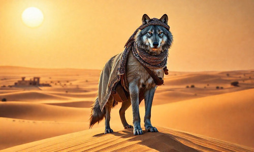 a majestic gray wolf with thick wind swept fur and intelligent amber eyes adorned in a traditional.jpg