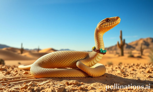 a desert rattlesnake with intricate diamond patterned scales in shades of sandy brown and pale yello.jpg