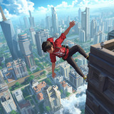 Ilustrasi pemain game parkour melompati gedung dengan latar kota